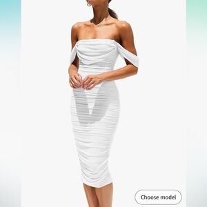 Summer Off The Shoulder Ruched Bodycon Dresses Sleeveless Fitted Party Club Midi